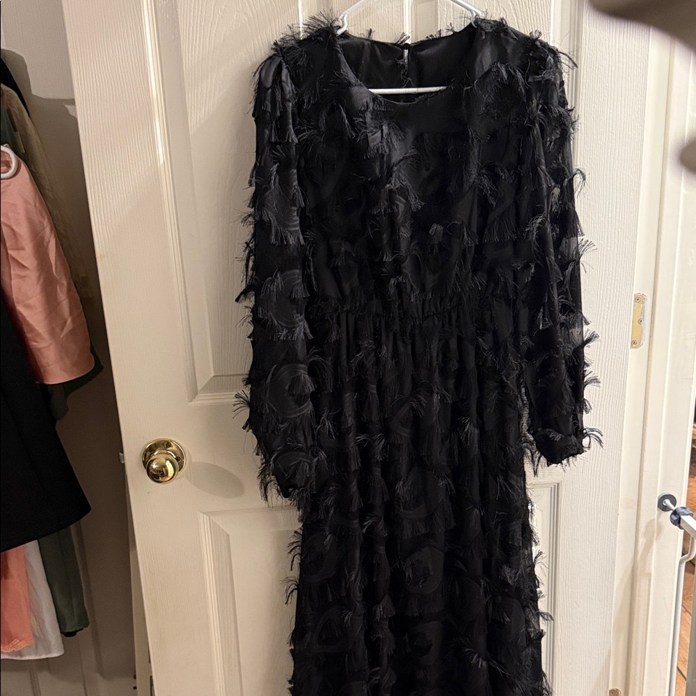Black Fringe Texture Long-Sleeve Women's Dress - Picture 2 of 4